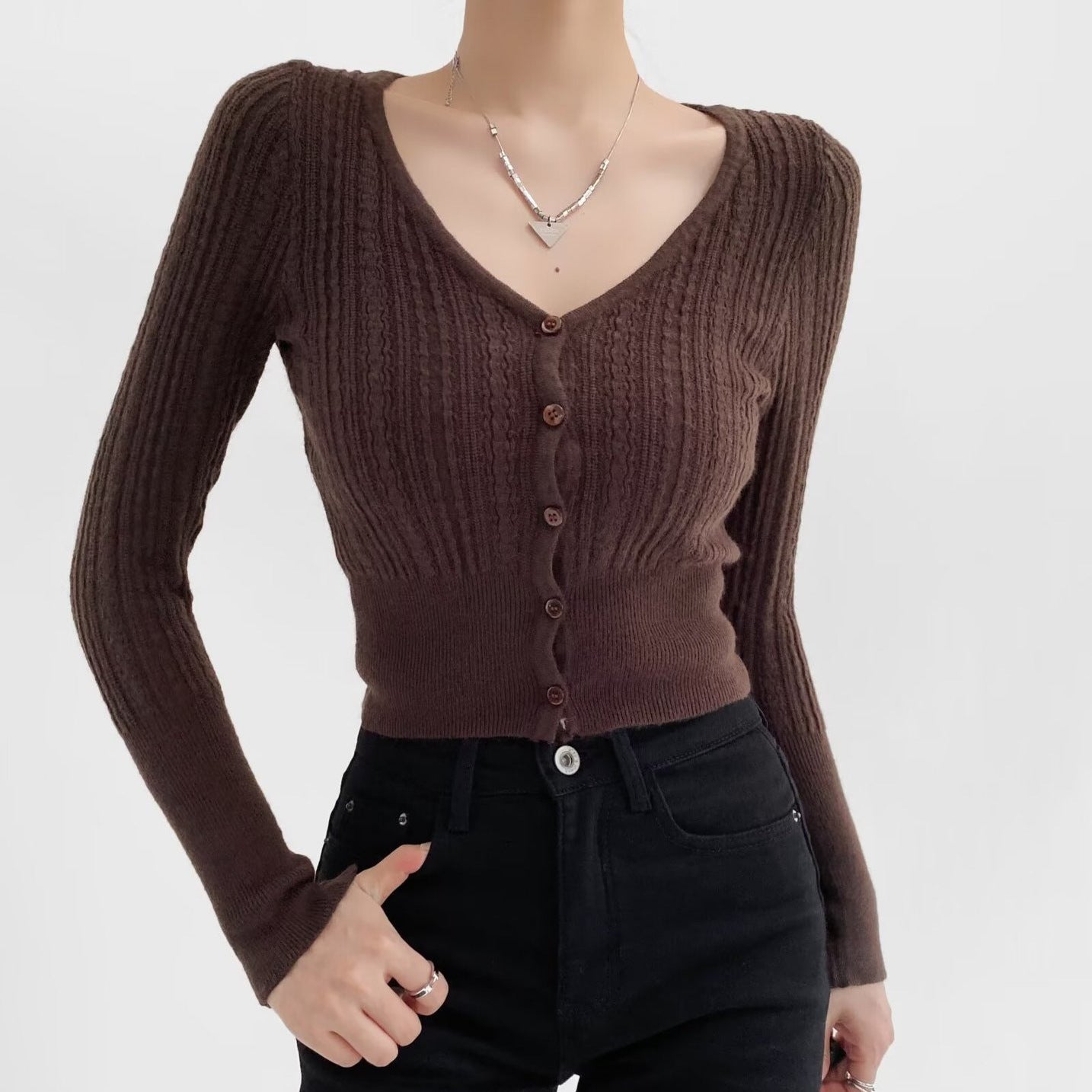 American Hot Girl Pure Desire Sexy V-neck Single-breasted Long Sleeve Sweater