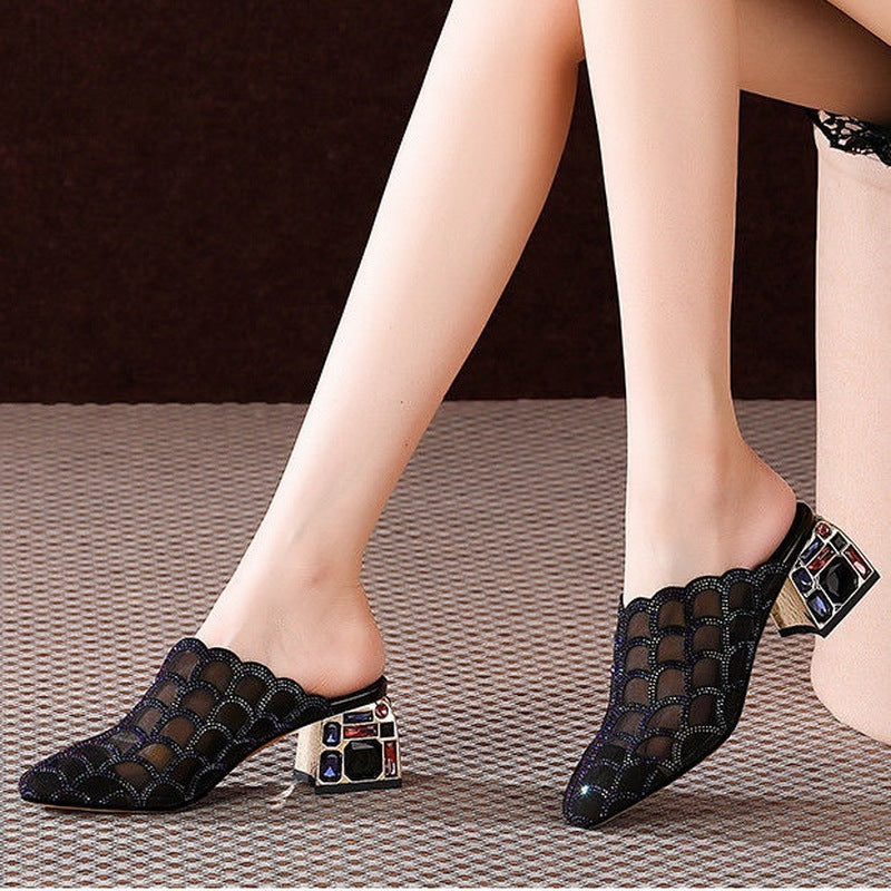 Thick Heel Baotou Sandals And Slippers Women New Mesh Hollow