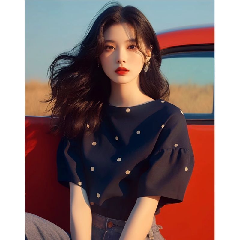 Black Dark Blue Polka Dot Short Sleeve T-shirt