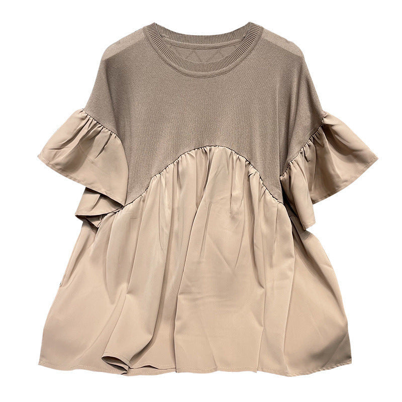 Extra Large Bell Sleeve Chiffon Stitching Ice Silk Knitted Top