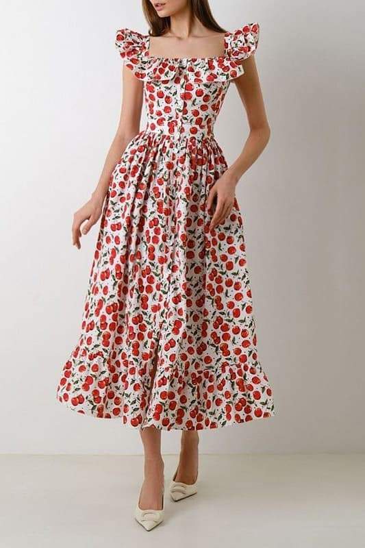 Vestido midi con volantes y estampado de cerezas de Griselda