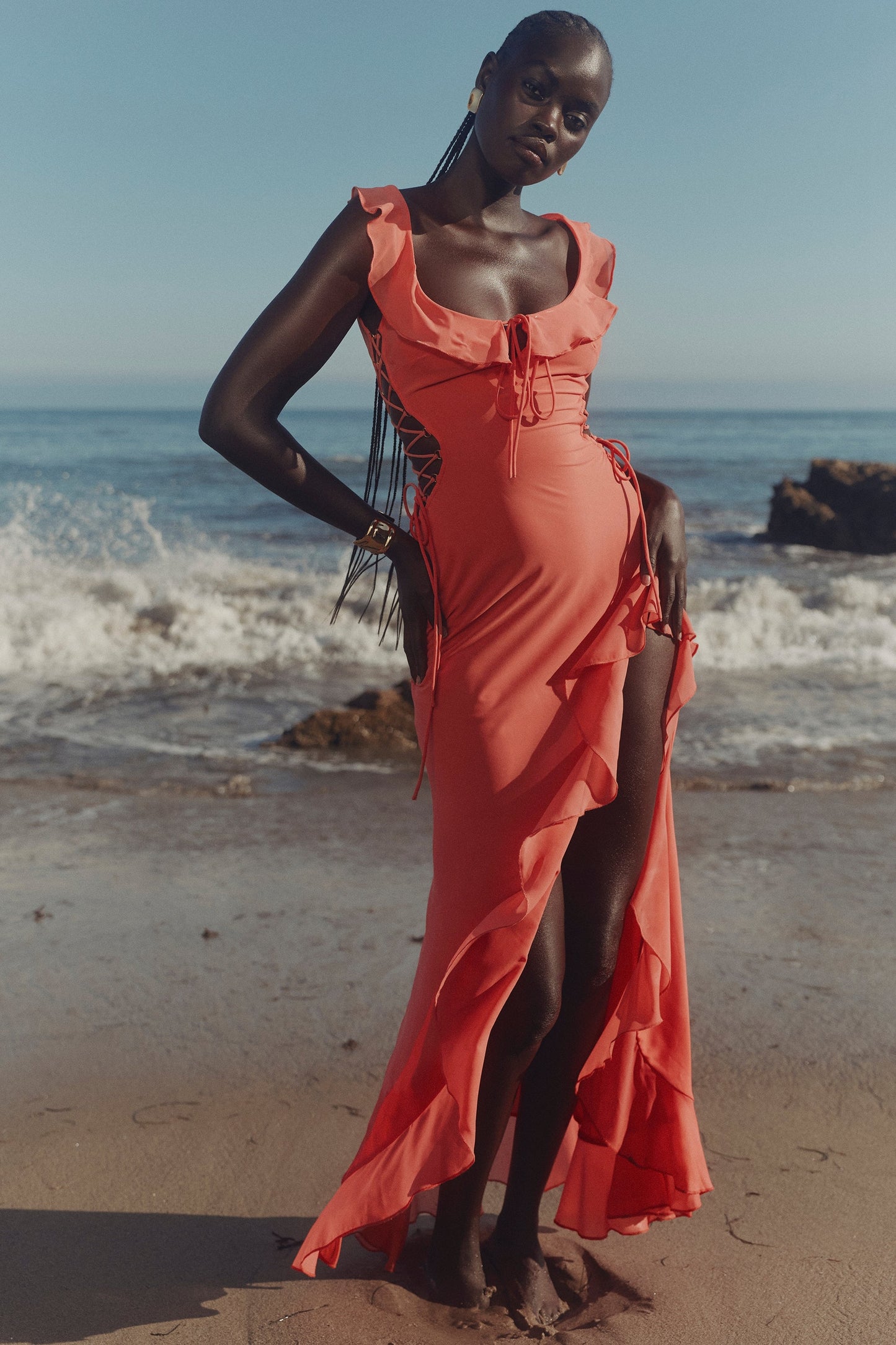 Coral Georgette Ruffle Maxi Dress