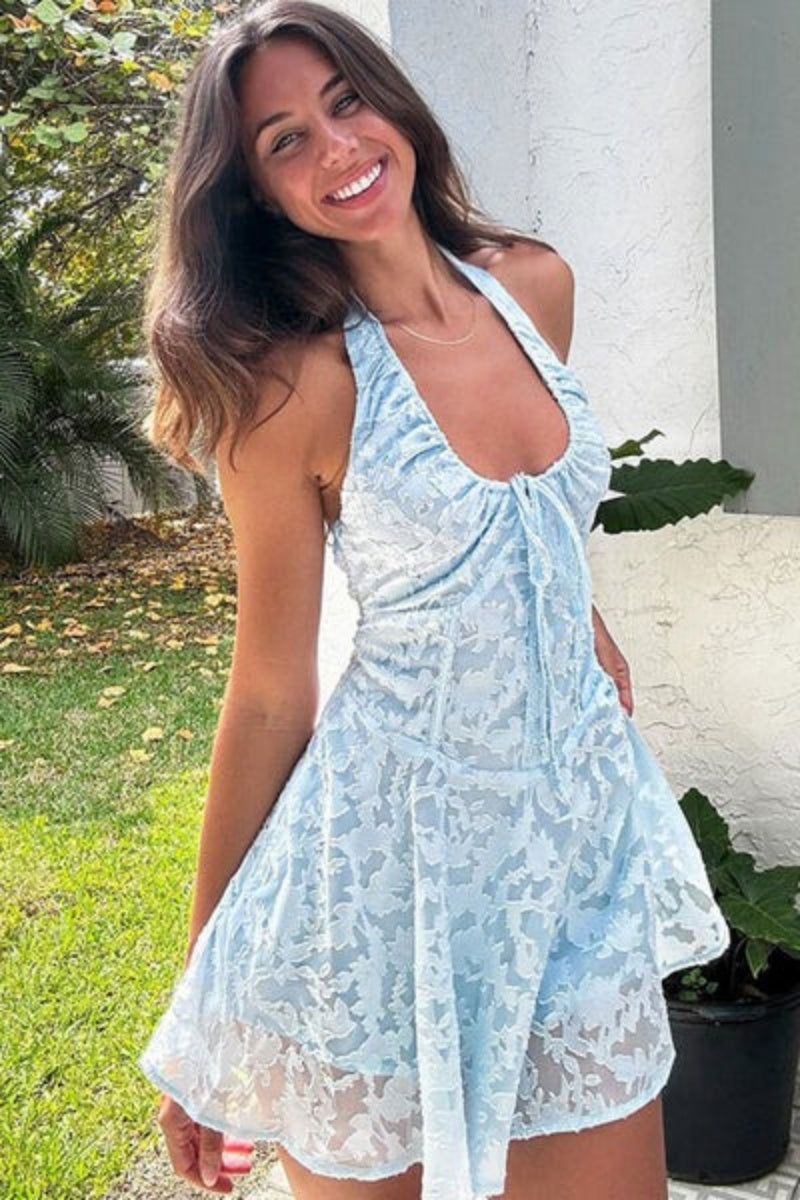 Breezy Halter Bow Tie Drop Waist Jacquard Floral Vacation Mini Dress