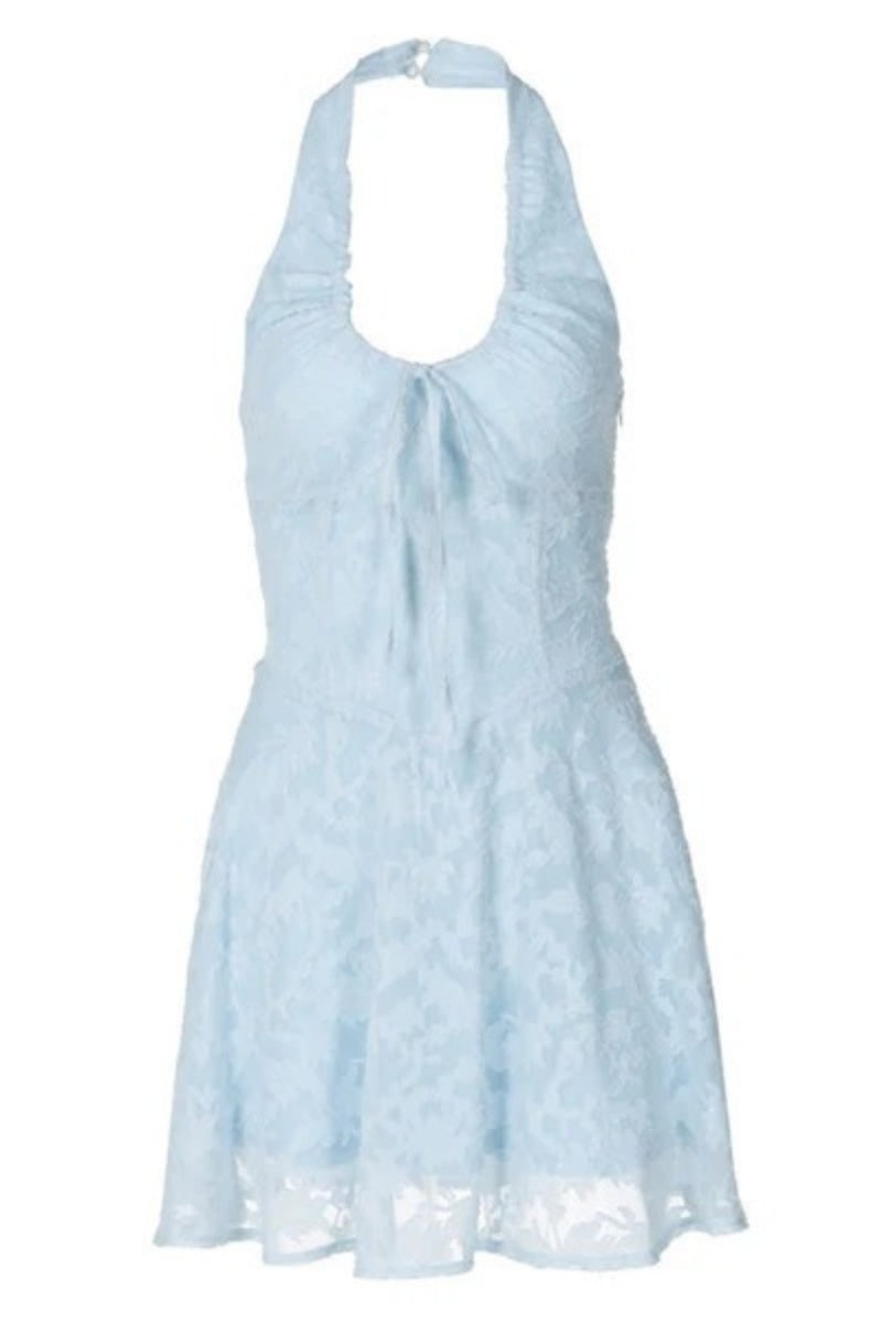 Breezy Halter Bow Tie Drop Waist Jacquard Floral Vacation Mini Dress