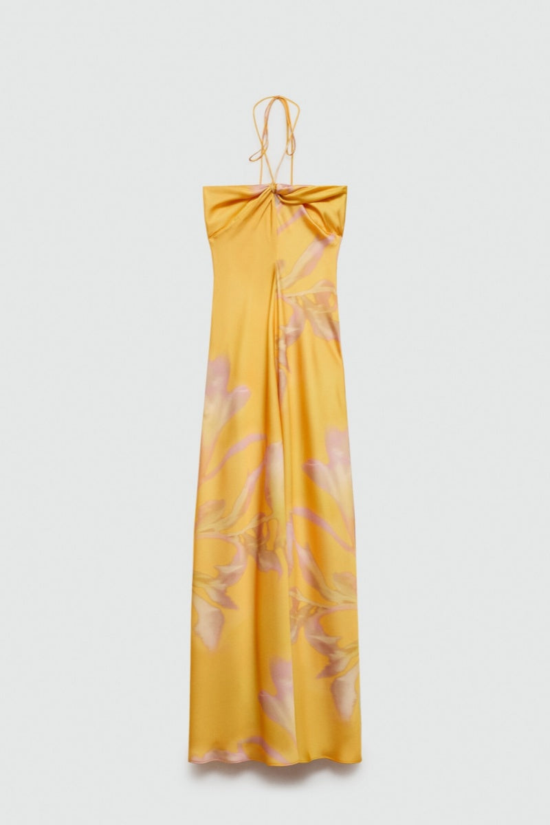 Yellow Printed Satin Maxi Dress