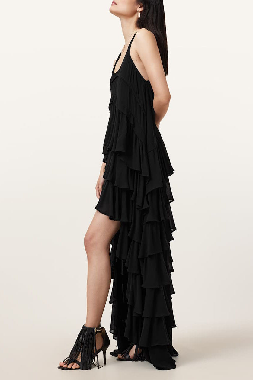 Black Layered Asymmetric Maxi Dress