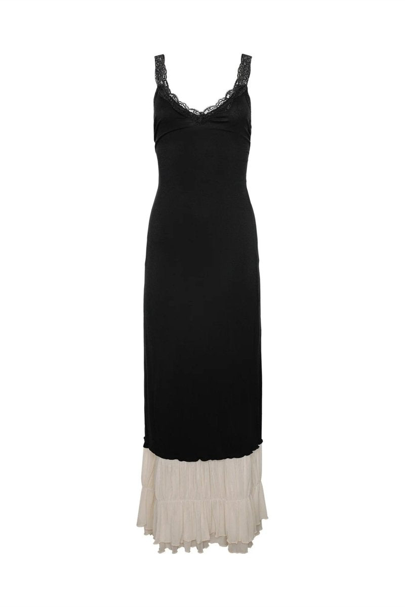 Vestido largo Irene con escote en V y ribete de encaje