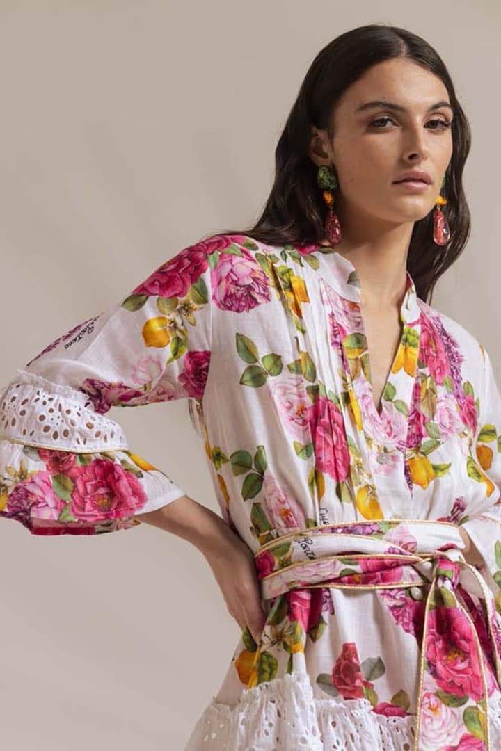 Melissa – Bedrucktes Minikleid mit Spitzenbesatz und Rüschen