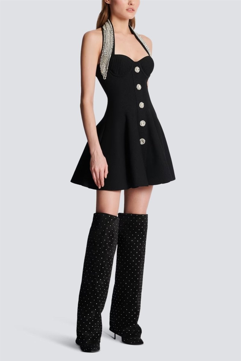 Patricia – Neckholder-Mini-Strickkleid mit Kristallverzierung