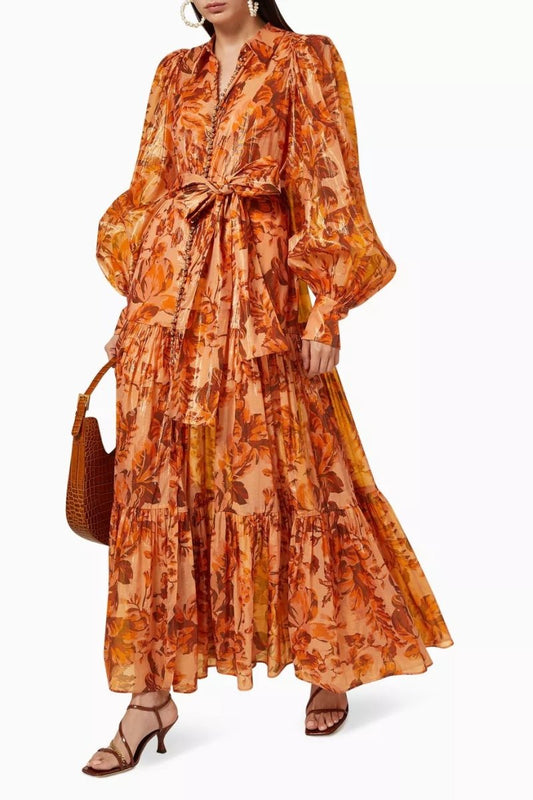 Queena Maxi-Jurk mit Ballonmouwen im Druck