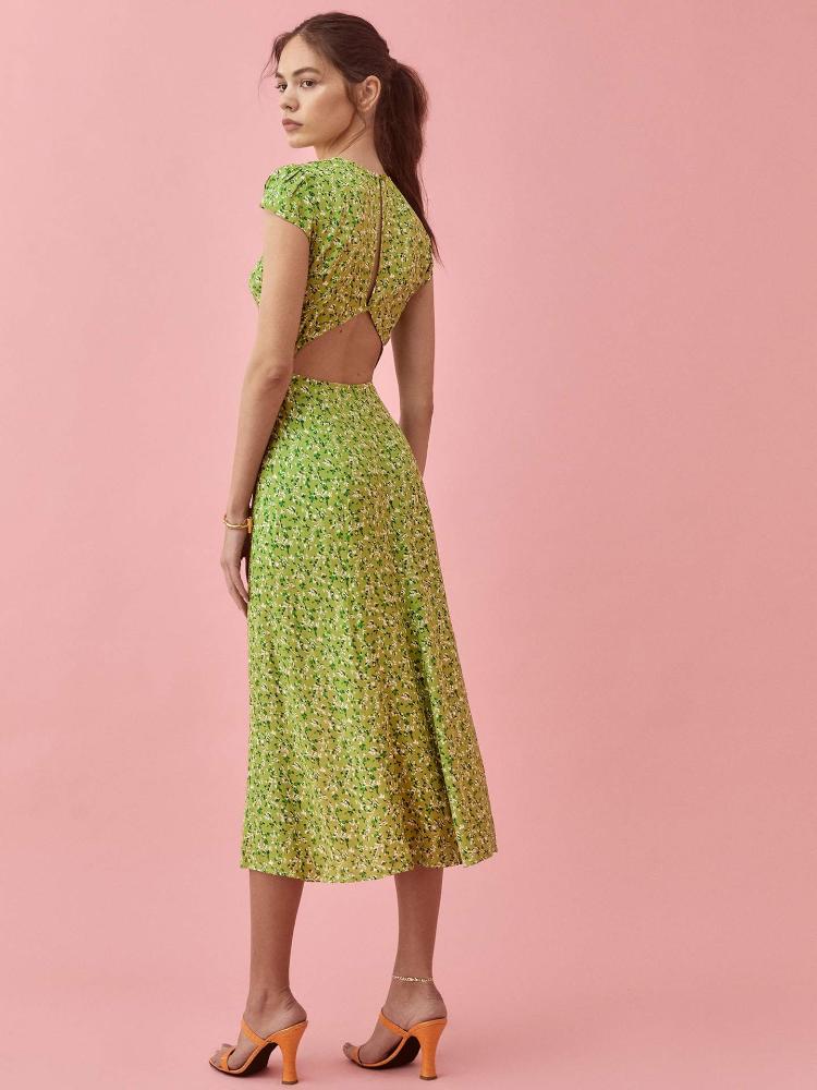 Vestido de verano midi con abertura y cuello redondo estampado Rachel