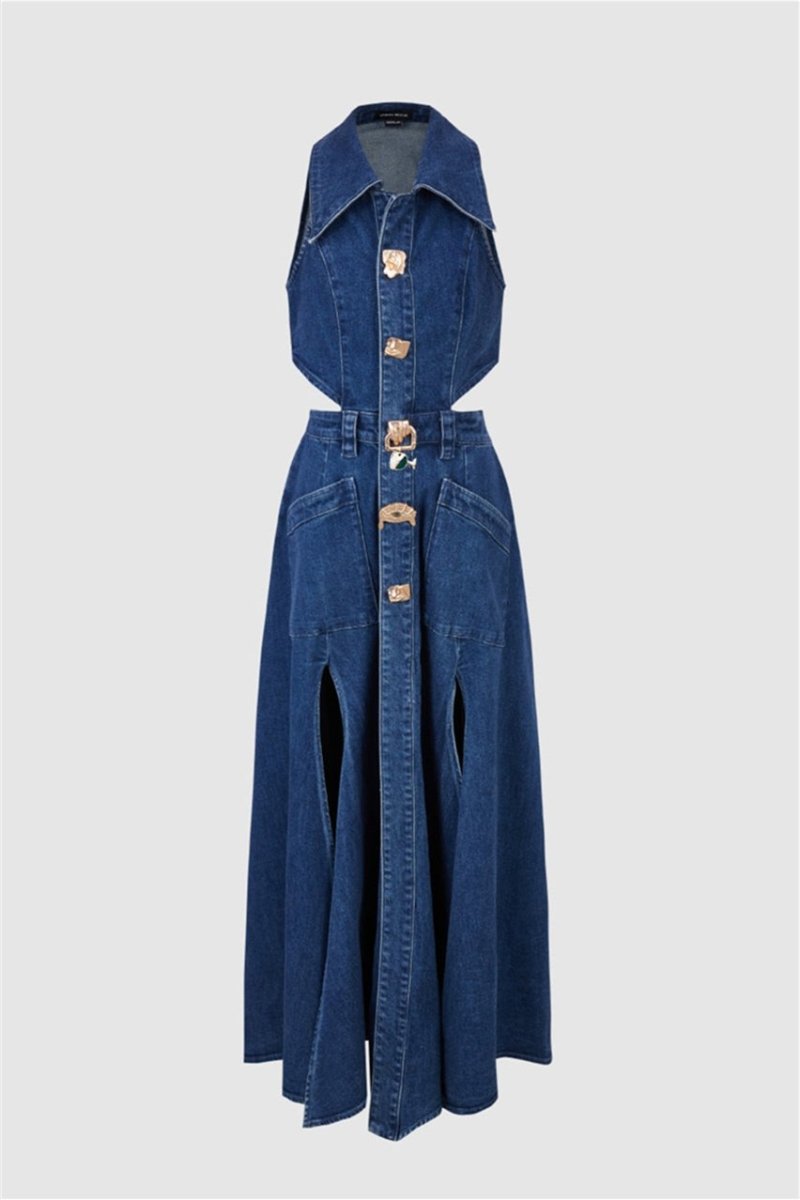 Regina Maxikleid aus Denim mit Reverskragen und Cut-outs