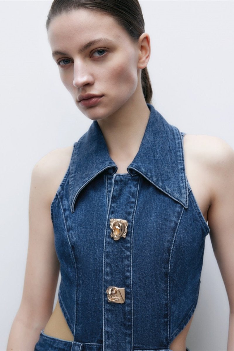 Regina Maxikleid aus Denim mit Reverskragen und Cut-outs