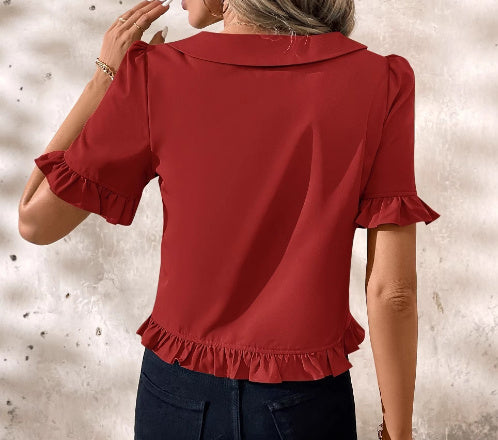 Short-sleeved Casual Shirt Red Round-neck Ruffles