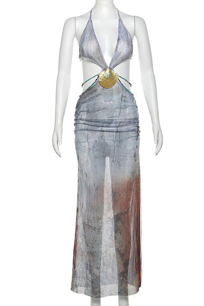 Eve Neckholder-Maxikleid aus Netzstoff mit Muschelbesatz