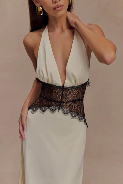 Neckholder Patchwork Rückenfreies Sexy Maxikleid