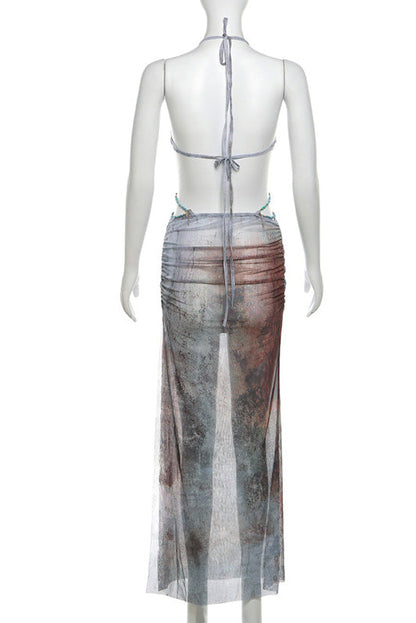 Eve Neckholder-Maxikleid aus Netzstoff mit Muschelbesatz