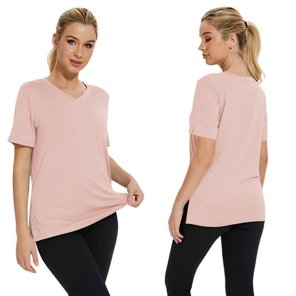 Top holgado de manga corta con abertura en color liso para mujer, novedad de verano