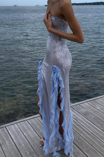 Spaghetti-Midikleid mit Pailletten, transparentem Seitenschlitz