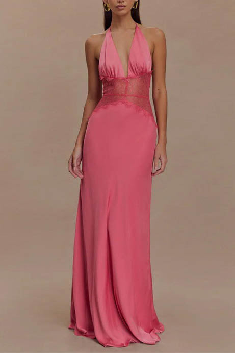 Neckholder Patchwork Rückenfreies Sexy Maxikleid