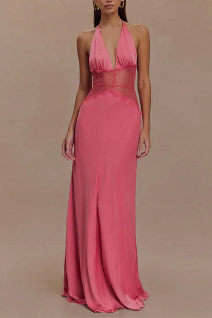 Neckholder Patchwork Rückenfreies Sexy Maxikleid