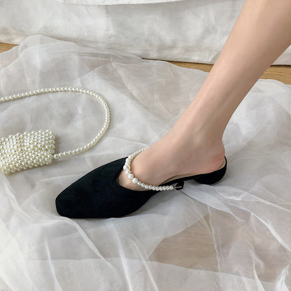 Sandals Square Head Pearl Muller Slippers
