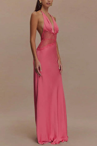 Neckholder Patchwork Rückenfreies Sexy Maxikleid