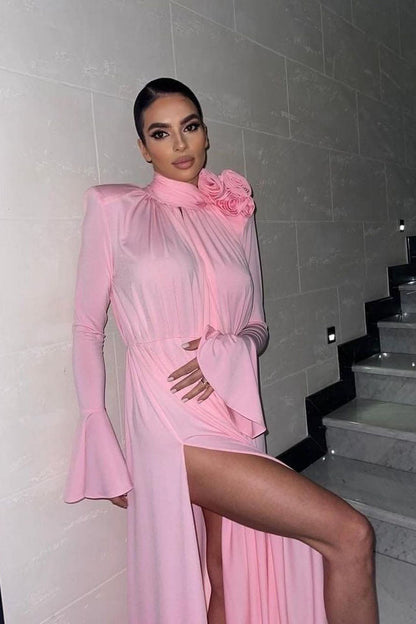 Vestido largo vintage de lujo con escote halter, corte en V profundo y estampado floral 3D