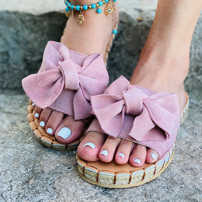 New Bow Sandals Women Bow Flat Sandals Beach Outdoor Slippers Solid Color Sandals In Stock