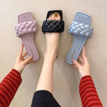 Sandalias y pantuflas tejidas para exteriores, pantuflas planas de color caramelo para mujer