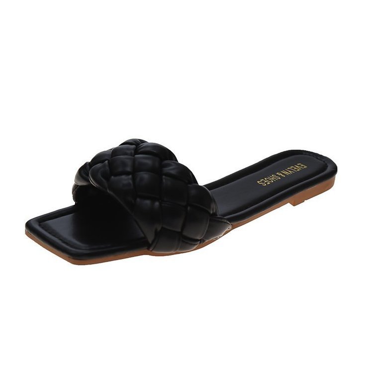 Sandalias y pantuflas tejidas para exteriores, pantuflas planas de color caramelo para mujer