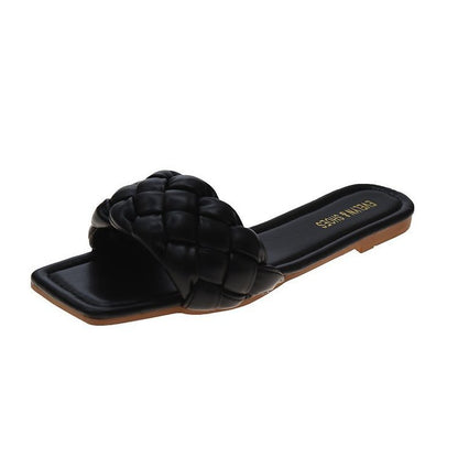 Sandalias y pantuflas tejidas para exteriores, pantuflas planas de color caramelo para mujer