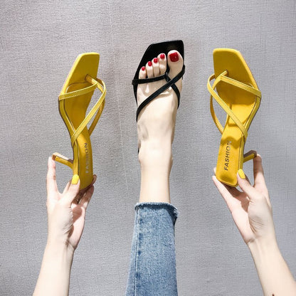 High-Heeled Slippers Women's Summer Wear Stiletto Heel New Fashion Korean Style Set Toe Mid-Heel Cross Sandals And Slippers Women