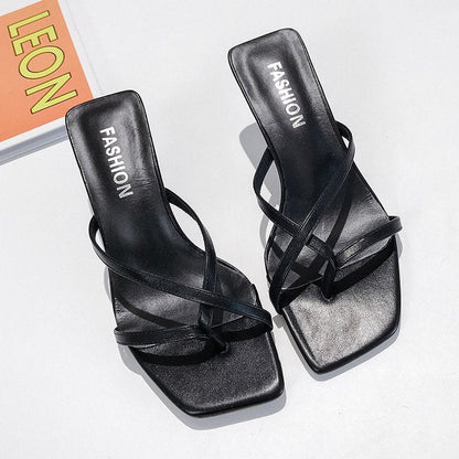 High-Heeled Slippers Women's Summer Wear Stiletto Heel New Fashion Korean Style Set Toe Mid-Heel Cross Sandals And Slippers Women