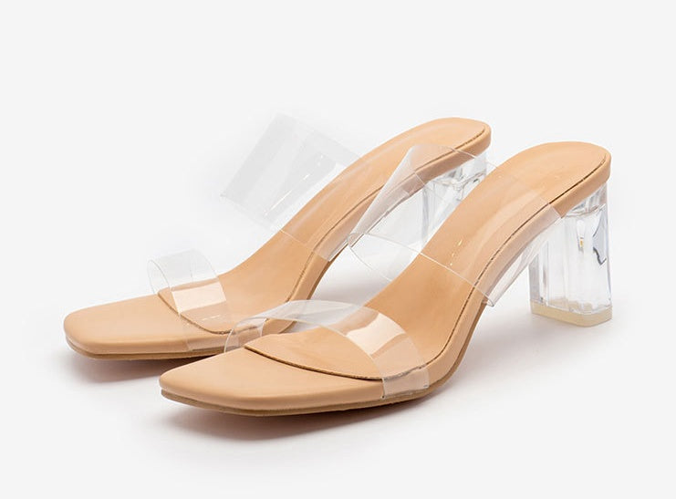 Sandalias y pantuflas transparentes de tacón alto grueso con cristales de estilo hada para mujer, estilo verano