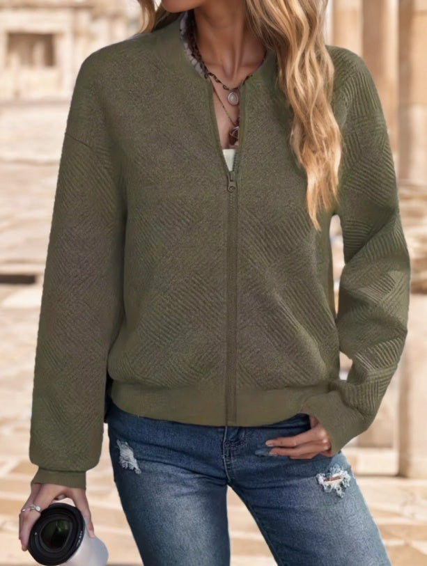 Women's Casual Solid Green Zip-Up Jacket