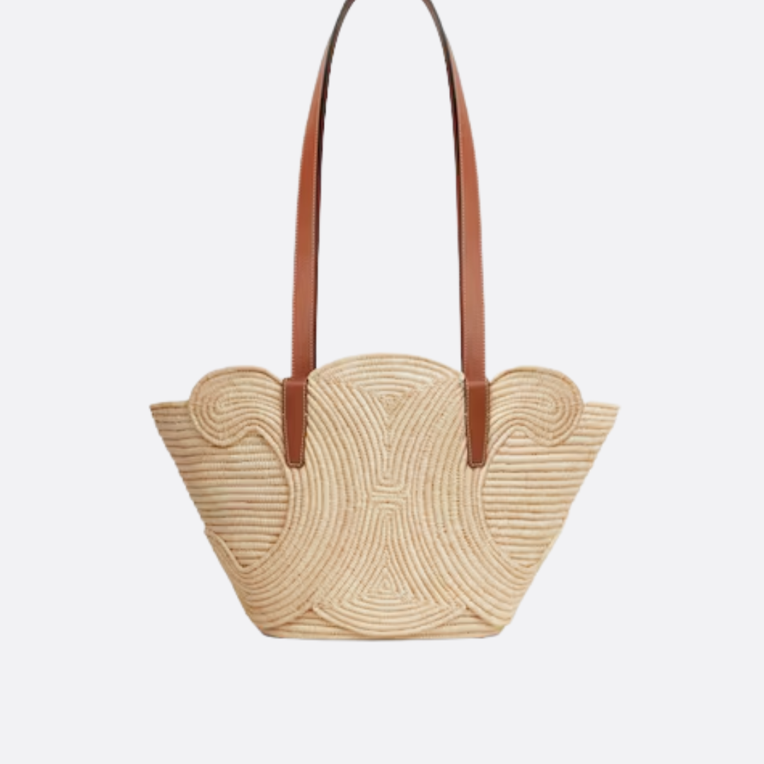CL Borsa a mano Classic Small Panier in rafia e pelle di vitello