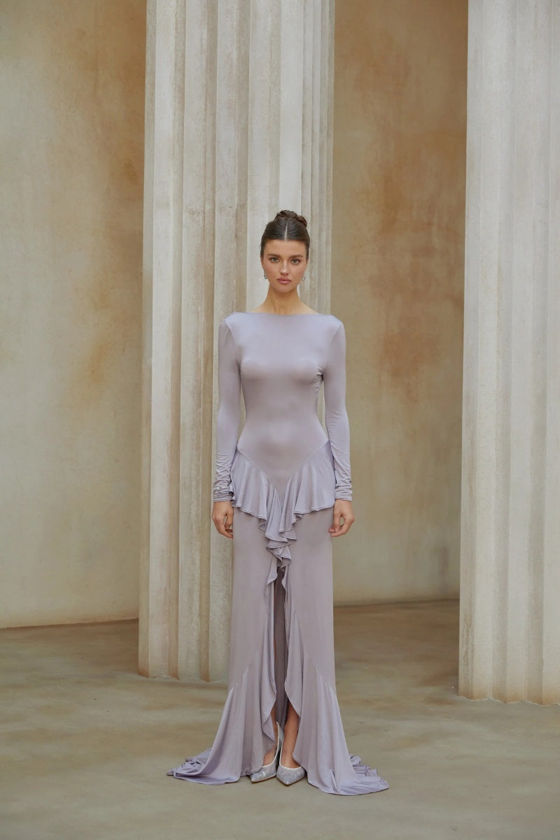 Lila Maxikleid „Xenia“ mit Rüschendetail