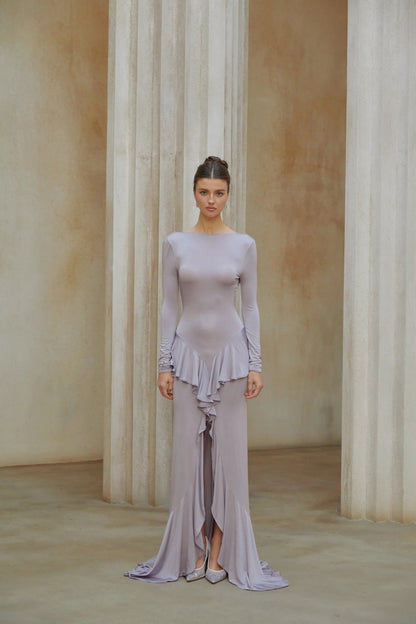 Lila Maxikleid „Xenia“ mit Rüschendetail