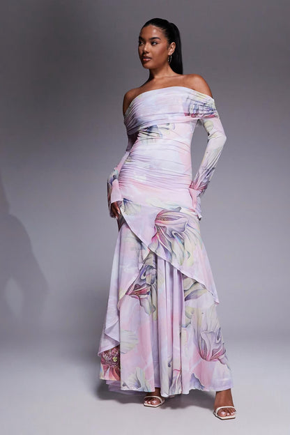 Chiffon Stretch Off Shoulder With Ruffle Hem In Floral Print Maxi Dress