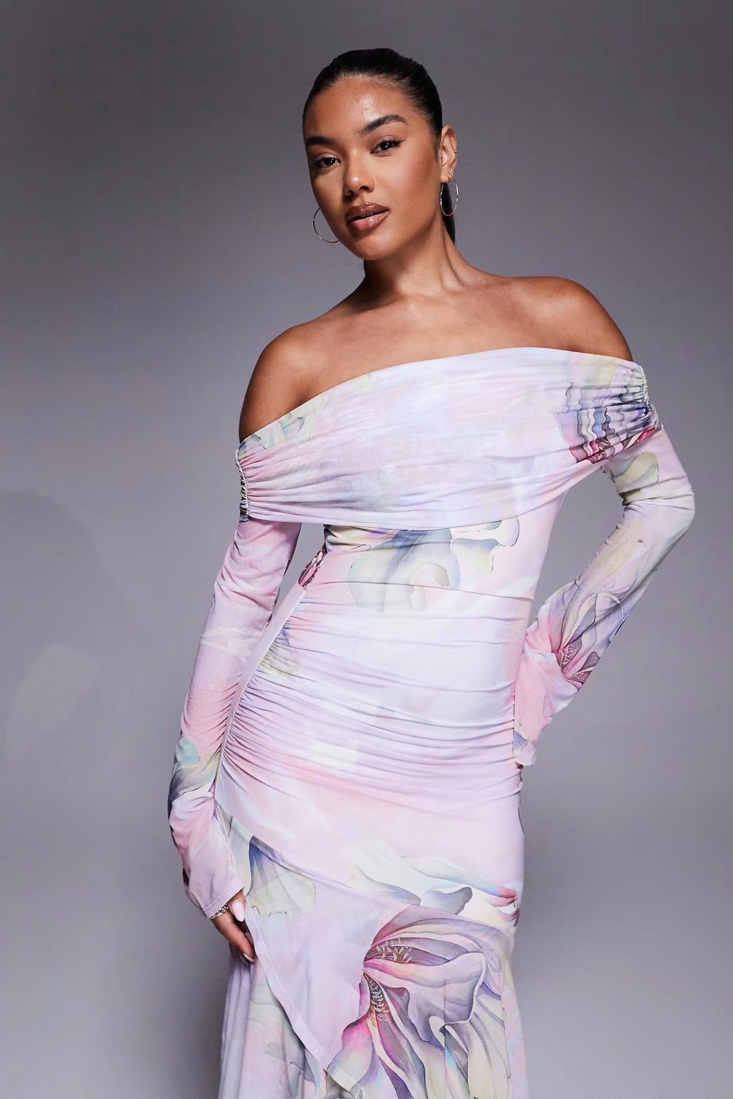 Chiffon Stretch Off Shoulder With Ruffle Hem In Floral Print Maxi Dress