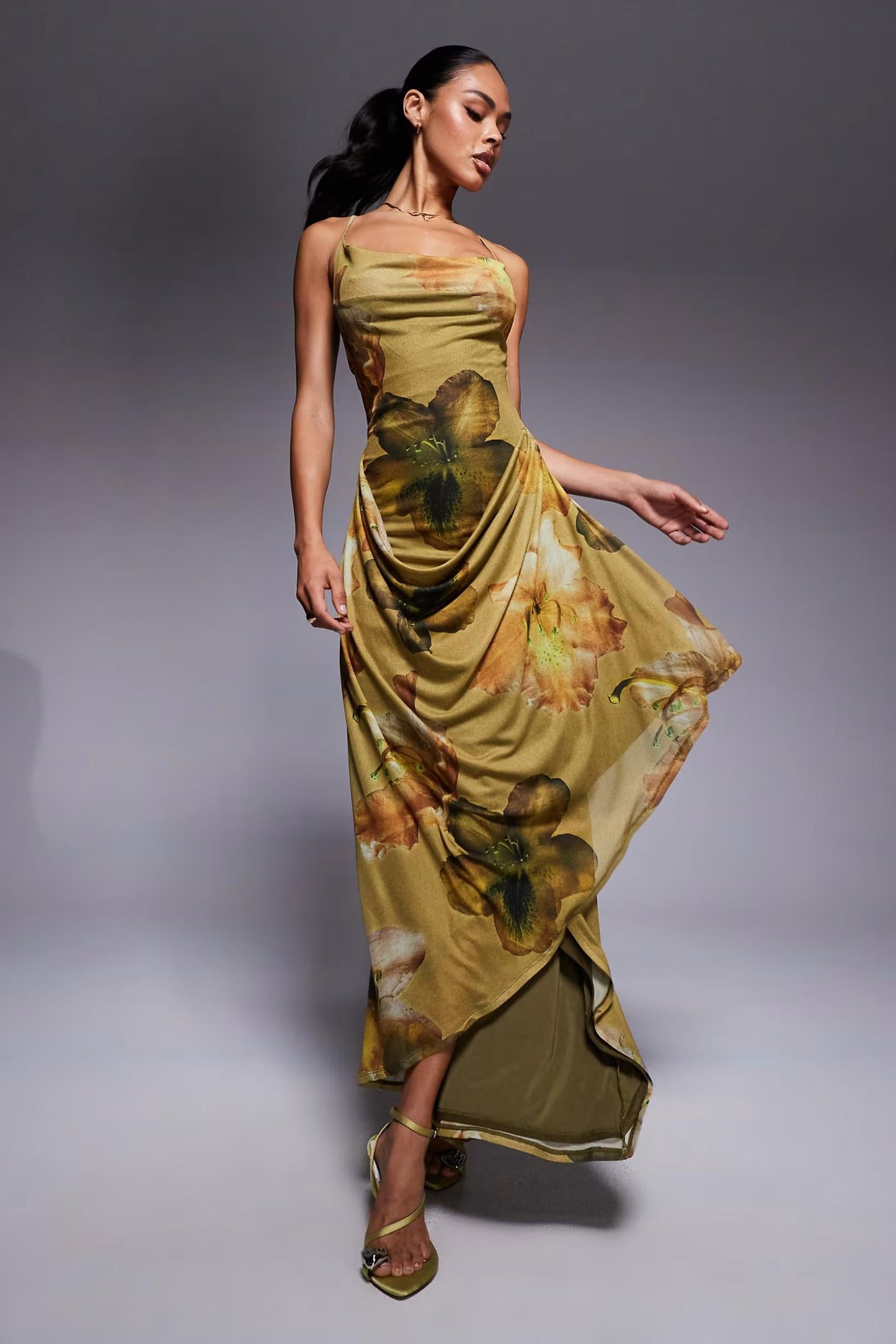 Printed Mesh Halter Drape Green Floral Maxi Dress