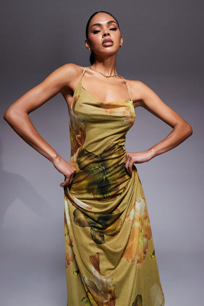 Printed Mesh Halter Drape Green Floral Maxi Dress