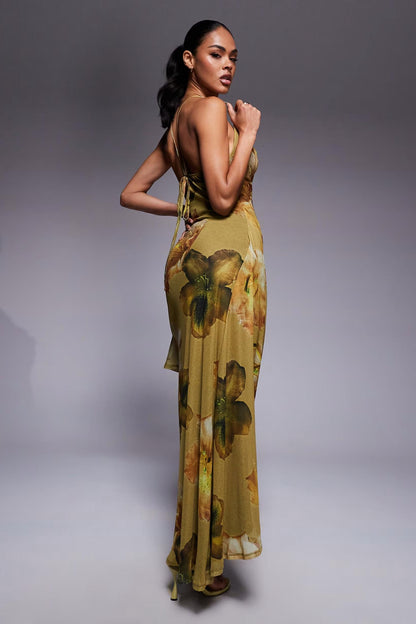 Printed Mesh Halter Drape Green Floral Maxi Dress