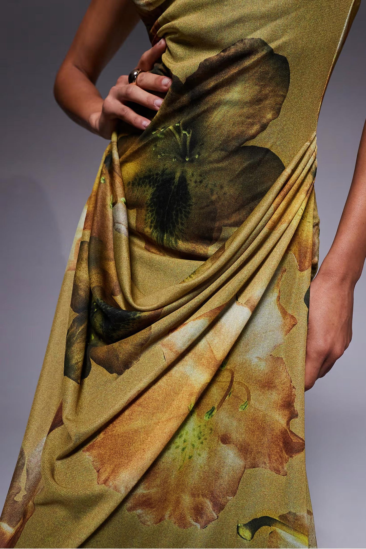 Printed Mesh Halter Drape Green Floral Maxi Dress