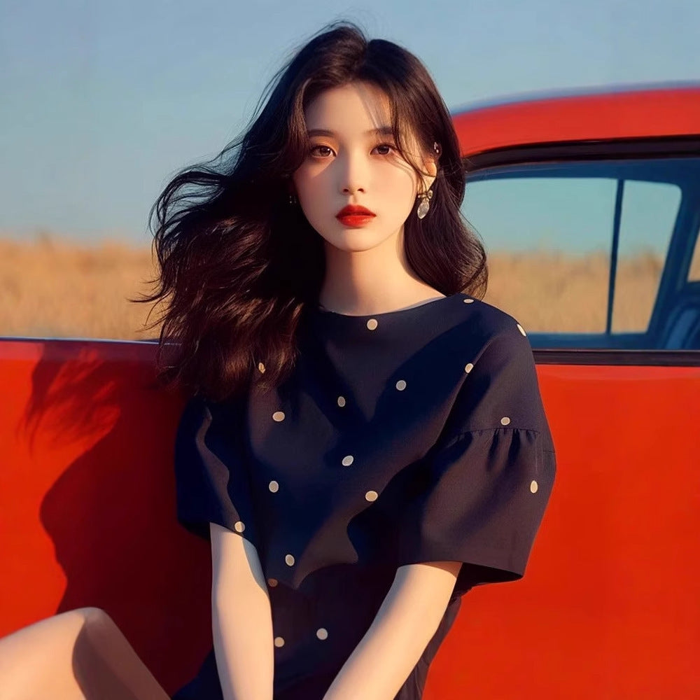 Black Dark Blue Polka Dot Short Sleeve T-shirt