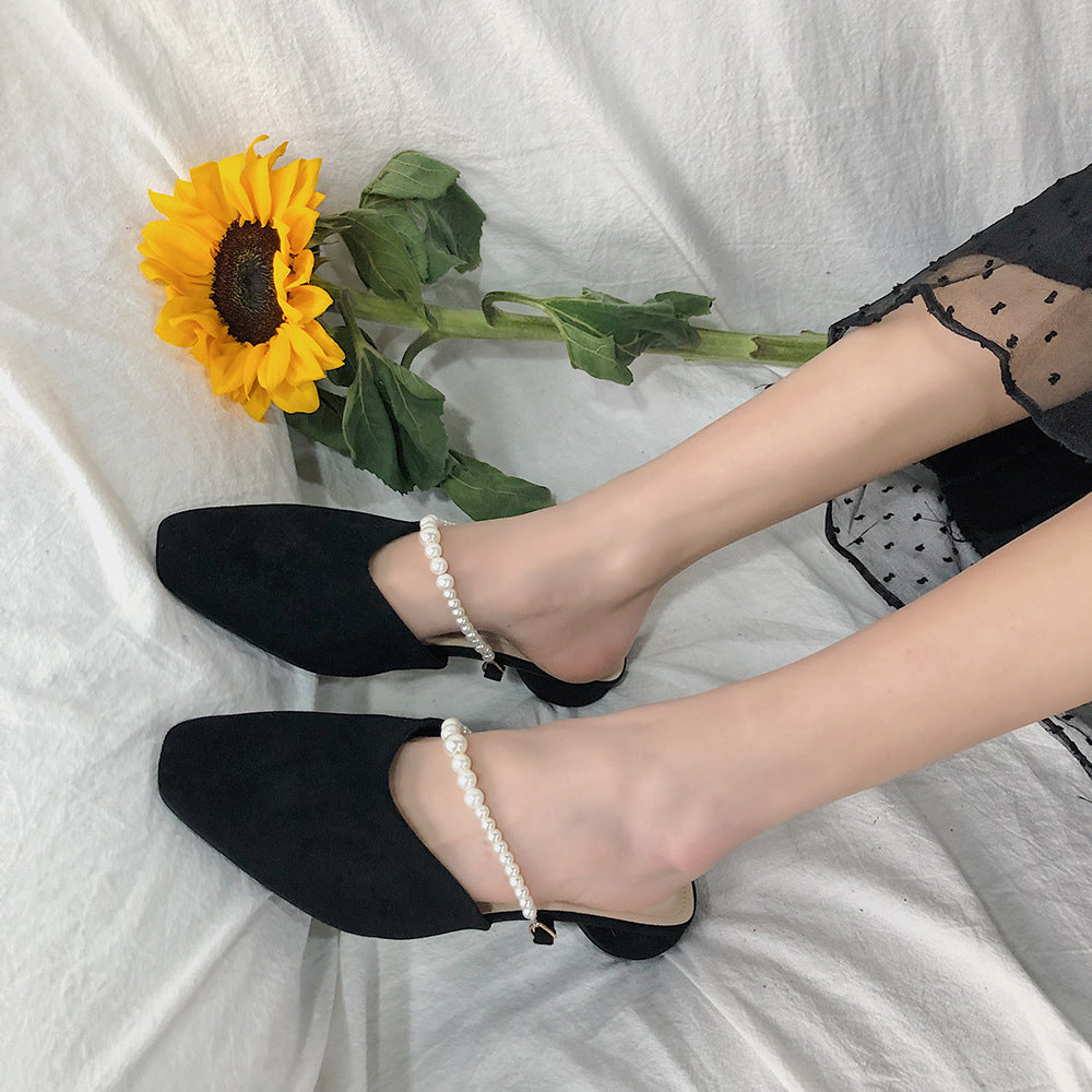 Sandals Square Head Pearl Muller Slippers