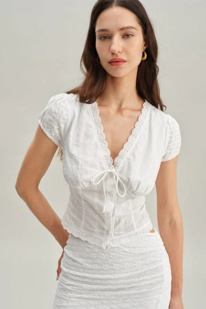 White Textured Cap Sleeve Top