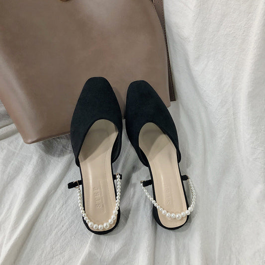 Sandals Square Head Pearl Muller Slippers