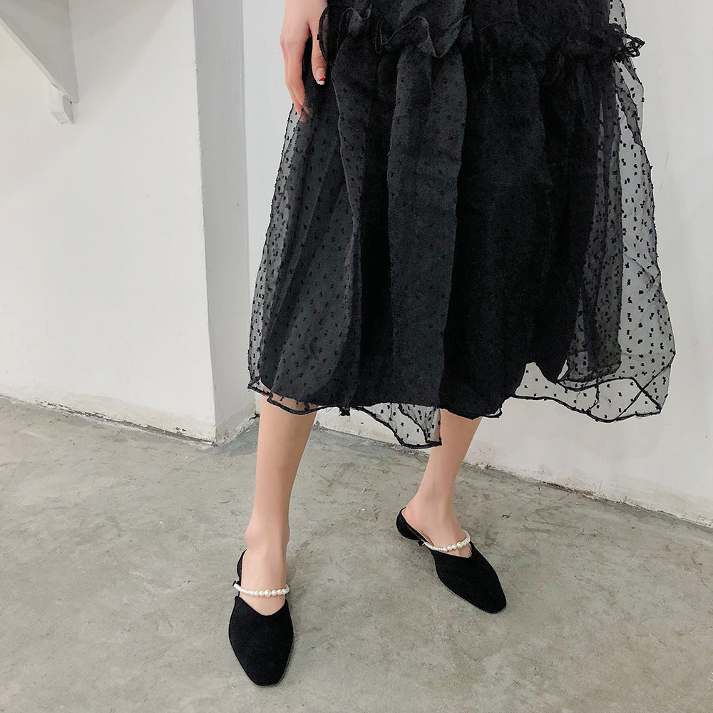 Sandals Square Head Pearl Muller Slippers